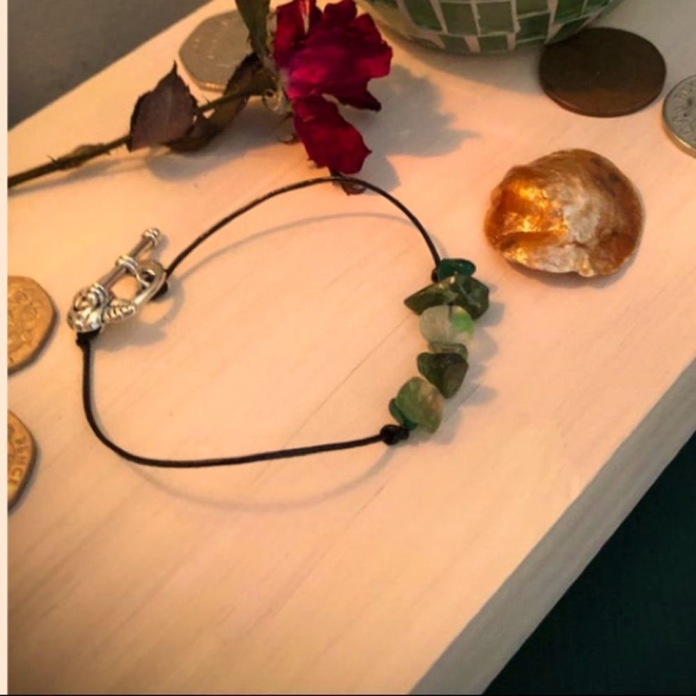 Bracelet | Handmade Authentic Prehnite and Silver Rose Leather Boho Bracelet
